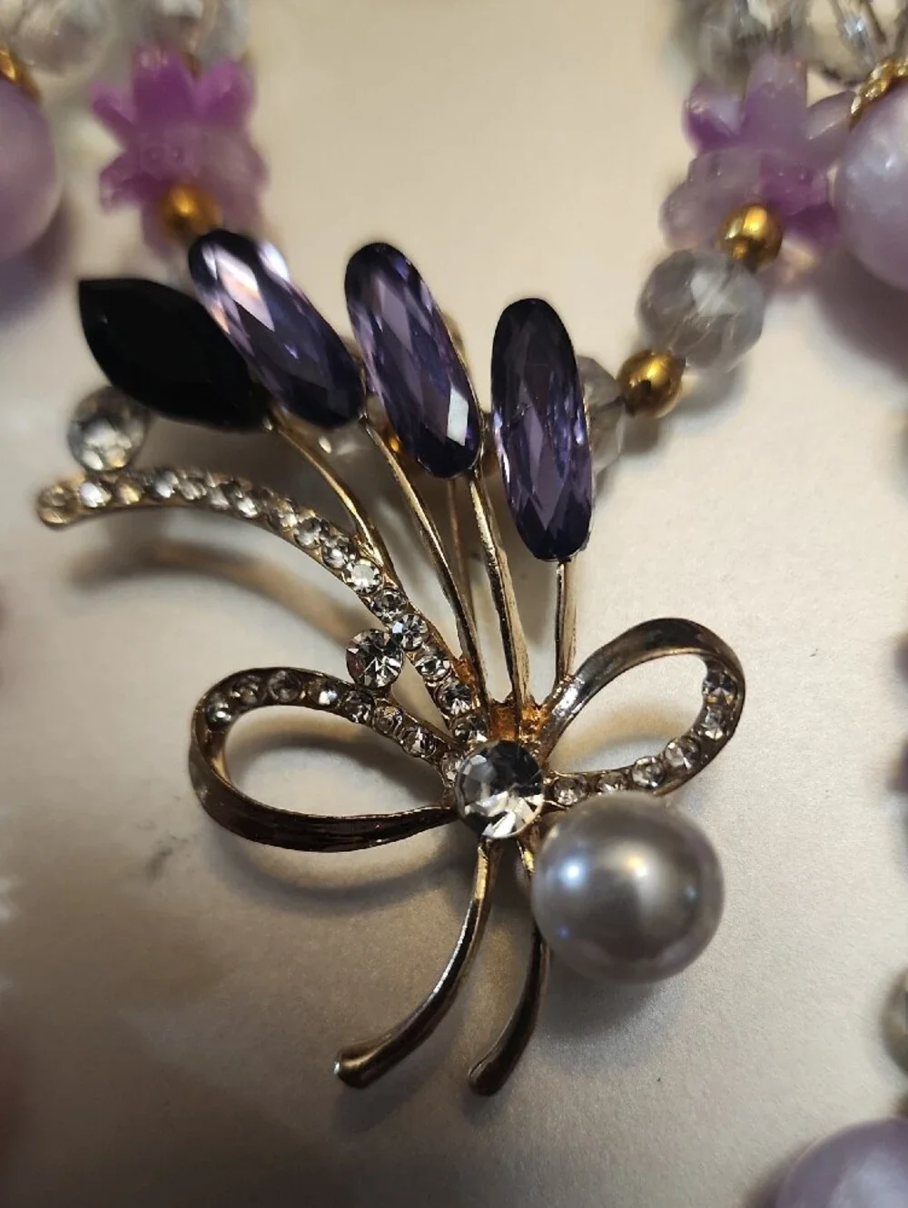 Purple Beaded Phone Charm with Crystal Flower Brooch